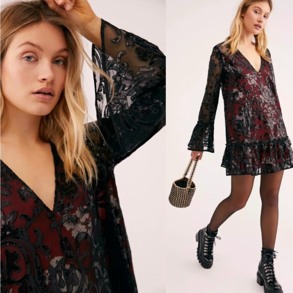 RARE Free People Falling Flowers Black and Red V-Neck Bell Sleeve Mini Dress
